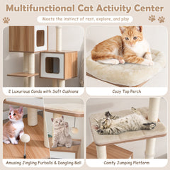 Modern Wooden Cat Tree with Perch Condos and Washable Cushions-Natural