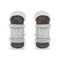 18K White Gold Flash Plated .925 Sterling Silver Clear Graphite Grey Enamel 5/8 Cttw Round Diamonds Huggie Hoop Earrings (F-G Color, VS1-VS2 Clarity)