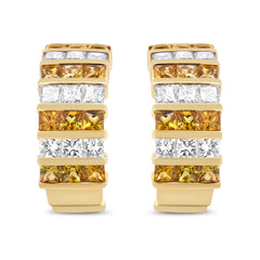 18K Yellow Gold 1 3/4 Cttw Invisible Set Princess Cut Diamond and 2.5mm Yellow Sapphire Huggie Hoop Earrings (F-G Color, VS1-VS2 Clarity)