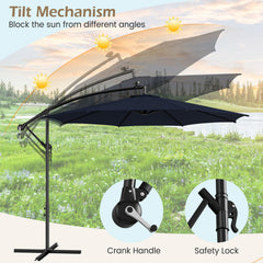 10 Feet Patio Offset Umbrella with 112 Solar-Powered LED Lights-Beige-Navy