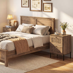 Nightstand Mid Century Modern End Table with Storage Drawers-Rustic Brown