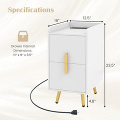 Nightstand Side Tables with 2 Drawers and 2 USB Ports-White