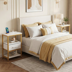 Nightstand with Charging Station and Adjustable Fabric Drawer for Bedroom and Living Room