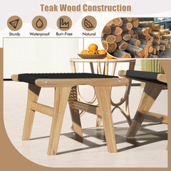 Indoor Outdoor Ottoman Footstool Teak Wooden Foot Rest with Handwoven Cordage
