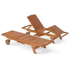 Outdoor Chaise Lounge Chair with Wheels 4-Position Patio Wood Recliner with Adjustable Backrest