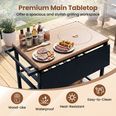Outdoor Dining Cart with BBQ Grill and Folding Side Panel
