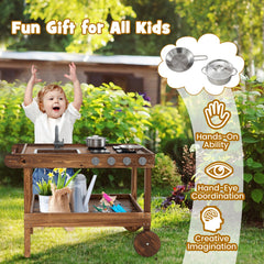 Outdoor Movable Mud Kitchen with 2 Rolling Wheels and 1 Push Handle-Natural