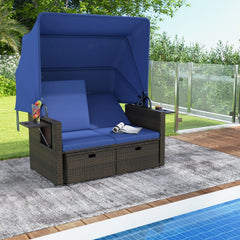 Outdoor Patio Rattan Daybed with Retractable Canopy and Adjustable Backrests-Navy