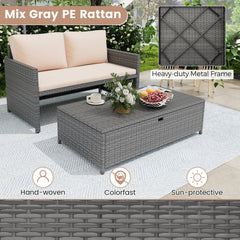 Outdoor Rattan Daybed Wicker Loveseat and 31 Gallon Storage Ottoman-Brown