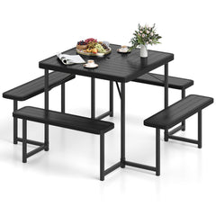 Outdoor Square Picnic Table Bench Set for 4-8 People with Umbrella Hole-Black