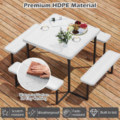 Outdoor Square Picnic Table Bench Set for 4-8 People with Umbrella Hole-White