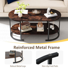 Oval Coffee Table 2-Tier Wooden Accent Table with Spacious Tabletop and Open Storage Shelf