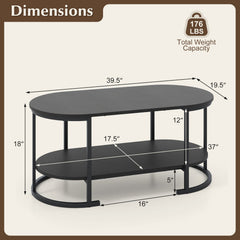 Oval Coffee Table 2-Tier Wooden Accent Table with Spacious Tabletop and Open Storage Shelf
