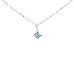 Sterling Silver Blue Topaz and White Sapphire Square Motif Pendant Necklace 18 Inch