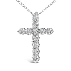 14K White Gold 1/2 Cttw Lab Grown Diamond 11 Stone Cross Pendant Necklace