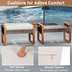 PE Rattan Wicker Ottomans Set of 2 with Removable Cushions-Beige