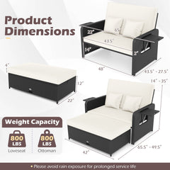PE Wicker Outdoor Daybed with 4-Level Adjustable Backrest and Storage Ottoman