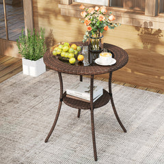 PE Wicker Patio Bistro Table Round with Tempered Glass Top and Shelf