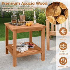 Patio Acacia Wood Side Table with Slatted Tabletop and Storage Shelf