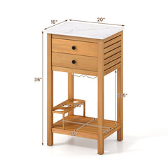 Patio Acacia Wood Storage Cabinet Patio Buffet Cabinet Bar Table with Faux Marble Countertop