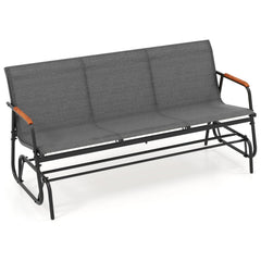 Patio Glider Bench with Curved Teak Armrests and Breathable Fabric Seat for 3 People-Brown