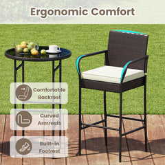 Patio Rattan Bar Height Table and Chairs with 2 Seat Cushions for Porch-White