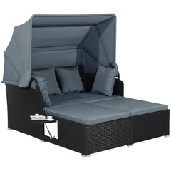 Patio Rattan Daybed with Retractable Canopy and Side Tables-Gray
