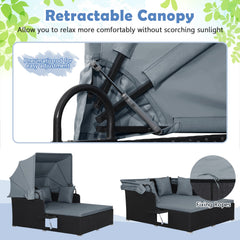 Patio Rattan Daybed with Retractable Canopy and Side Tables-Gray