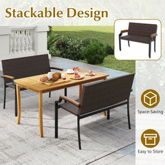 Patio Wicker Loveseat Chair with Acacia Wood Armrests and Metal Frame