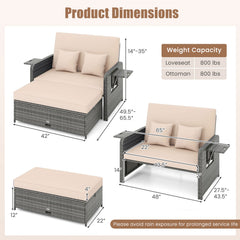 Patio Wicker Loveseat Sofa with Multipurpose Ottoman and Retractable Side Tray