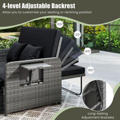 Patio Wicker Loveseat Sofa with Multipurpose Ottoman and Retractable Side Tray