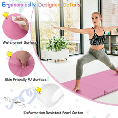 6 x 2 FT Tri-Fold Gym Mat with Handles and Removable Zippered Cover-Pink