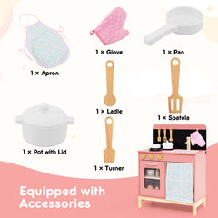 Play Kitchen for Kids Wooden Kitchen Playset with Door Curtain-Pink