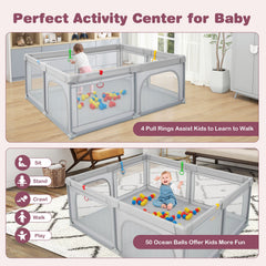 Portable Baby Playpen Large Play Yard with 50 Ocean Balls and 4 Pull Rings-Gray
