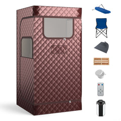 Portable Steam Sauna with 3L Steam Generator Remote Control Wood Foot Massager and Foldable Chair for Home-Coffee