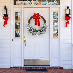 Pre-lit Snow Flocked Artificial Christmas Wreath with 8 Pine Cones and 35 LED Lights