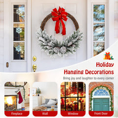 Pre-lit Snow Flocked Artificial Christmas Wreath with 8 Pine Cones and 35 LED Lights