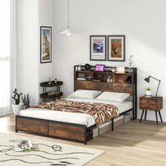 Full/Queen Size Bed Frame with 3-Tier Bookcase Headboard and Charging Station