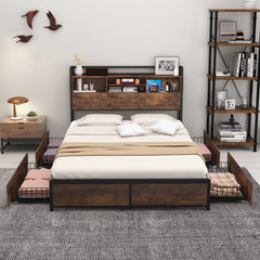 Full/Queen Size Bed Frame with Bookcase Headboard and 4 Storage Drawers