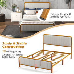 Upholstered Gold Platform Bed Frame with Velvet Headboard