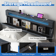 Full/Queen Size Bed Frame with Adjustable Storage Headboard and Wooden Slat Support-Queen Size