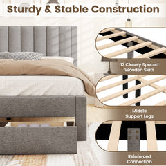 Queen Size Bed Frame with Storage Drawer and Vertical Channel Headboard