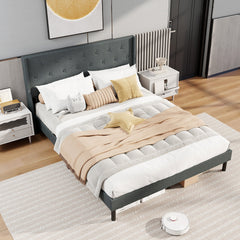 Queen Size Upholstered Bed Frame with Button Tufted Wingback Headboard and Wooden Slats Support Mattress Foundation-Gray