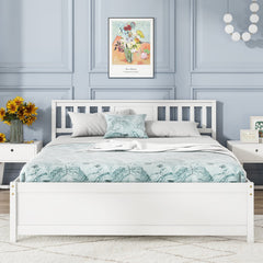 Wooden Platform Bed with Headboard and Wood Slat Support White-Queen Size