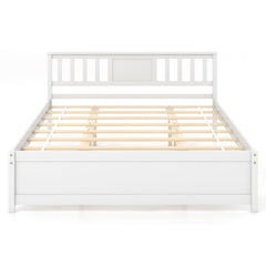 Wooden Platform Bed with Headboard and Wood Slat Support White-Queen Size