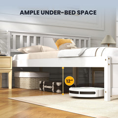 Wooden Platform Bed with Headboard and Wood Slat Support White-Queen Size