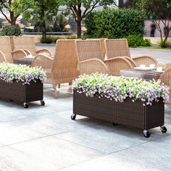 Raised Garden Bed PE Rattan Wicker Patio Planter Box with Wheels and Liner