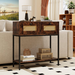 Rattan Console Table Boho Entryway Table with 2 Rattan Drawers and Open Storage Shelf