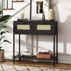 Rattan Console Table Boho Entryway Table with 2 Rattan Drawers and Open Storage Shelf