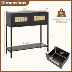 Rattan Console Table Boho Entryway Table with 2 Rattan Drawers and Open Storage Shelf